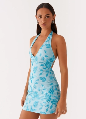 Stylish Everyday Wear Merida Halterneck Beaded Mini Dress - Blue Merida Halterneck Beaded Mini Dress - Blue Mini-Length Trendy Vibe