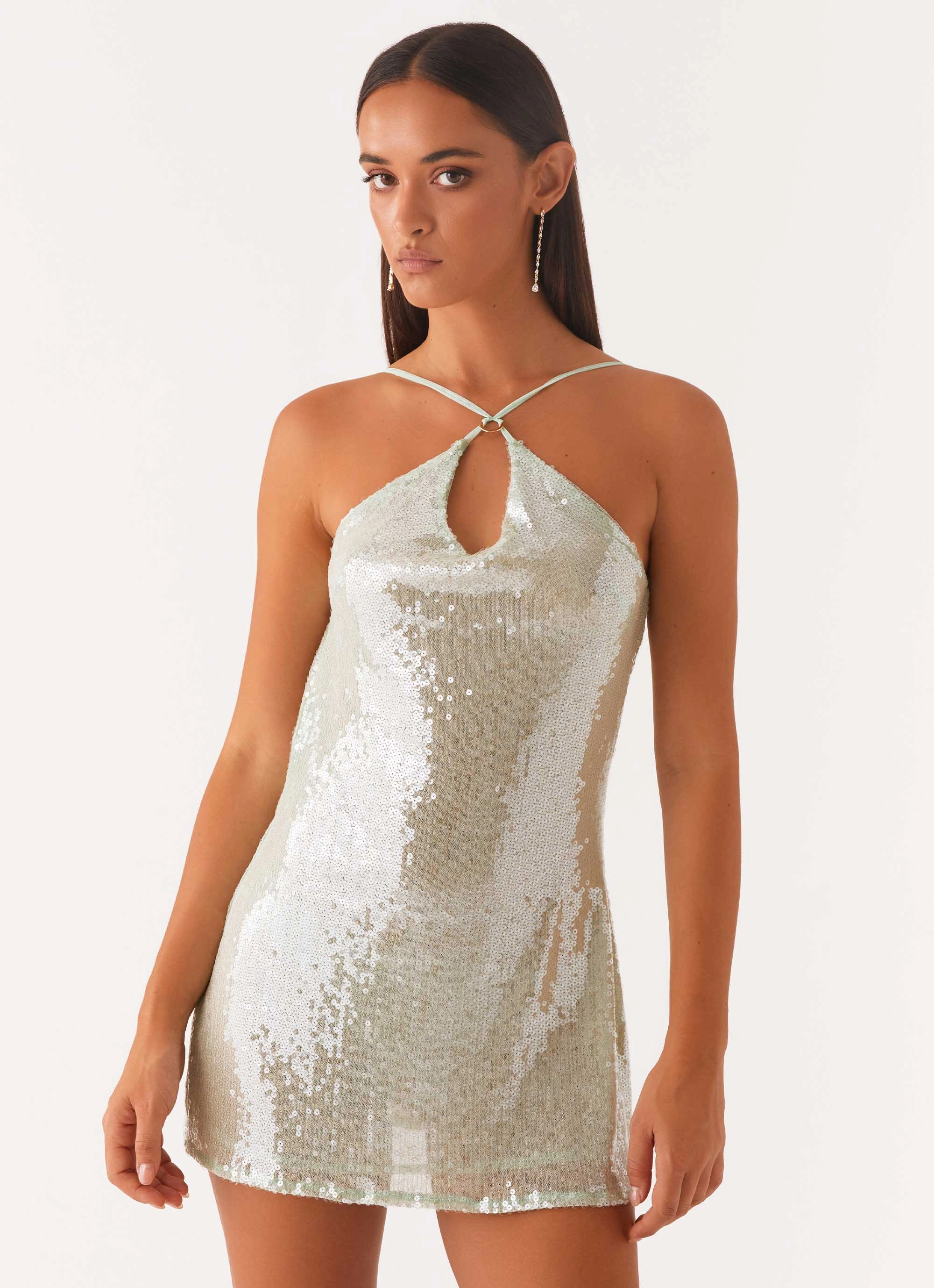 Feminine Layers Piped-Edge Radiant Energy Cowl Back Mini Dress - Mint