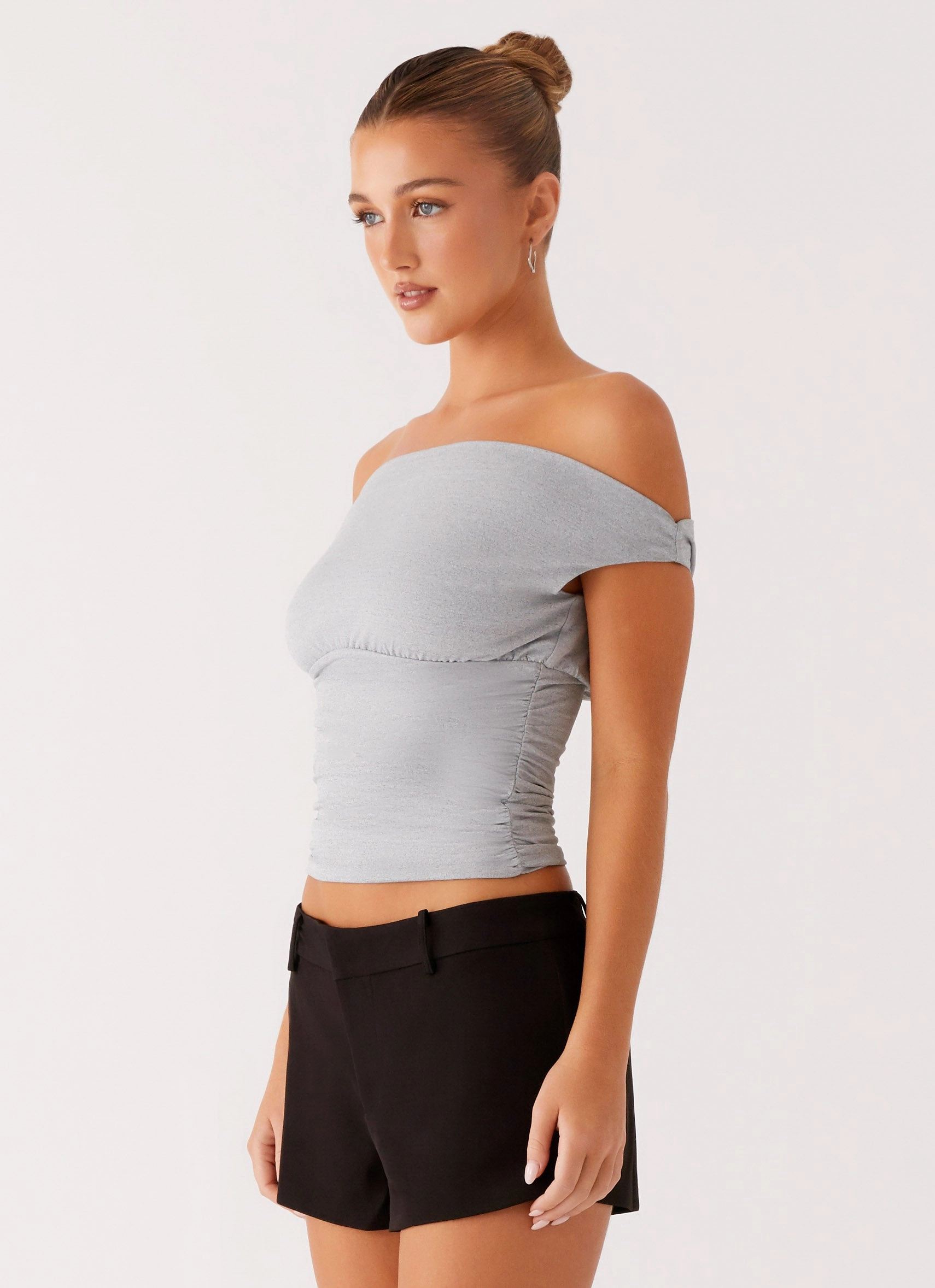 Summer Blouse Non Irritating Seam Finish Reva Off Shoulder Top - Grey