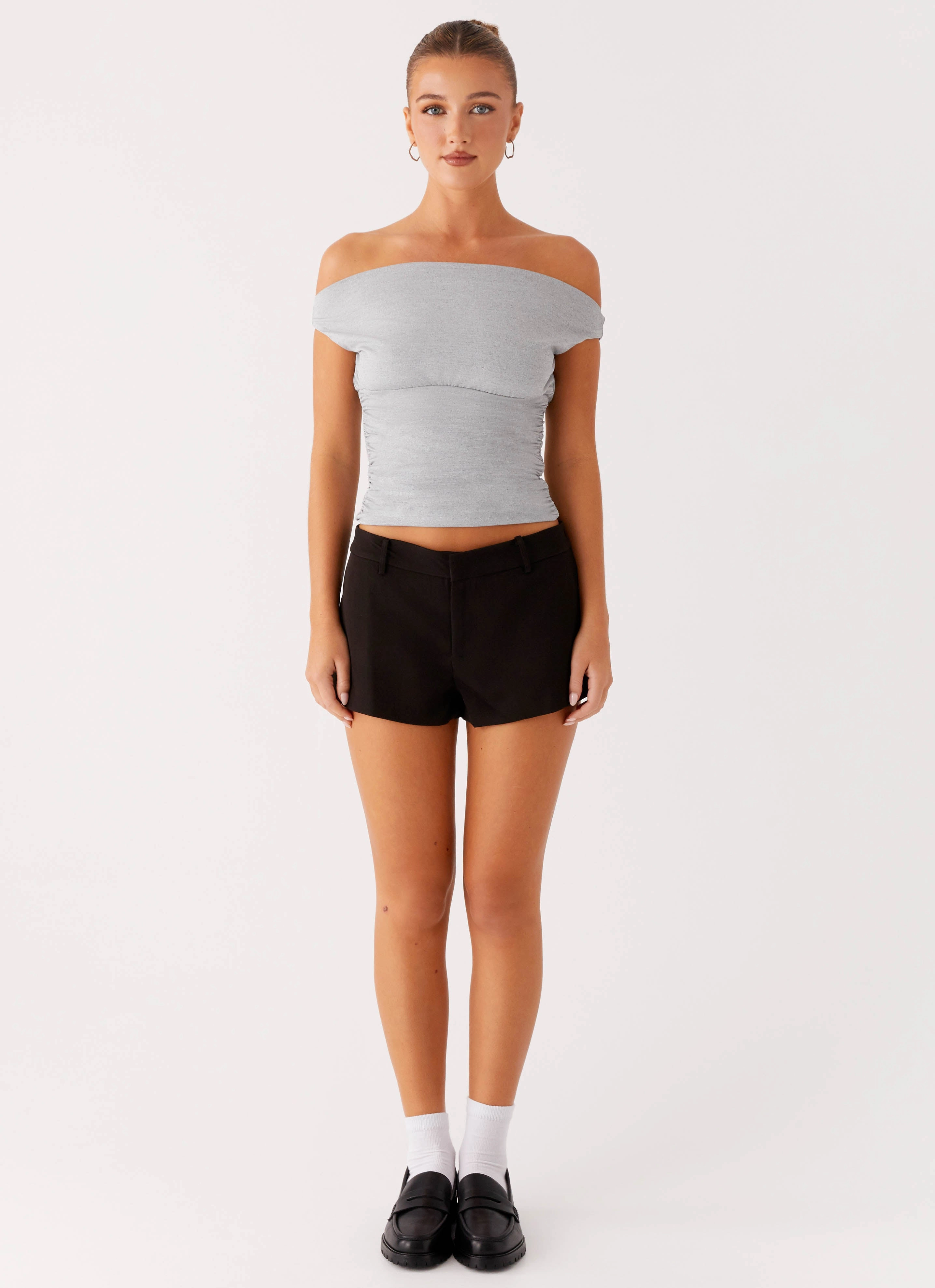 Reva Off Shoulder Top - Grey Easy Care Fabric Office Attire