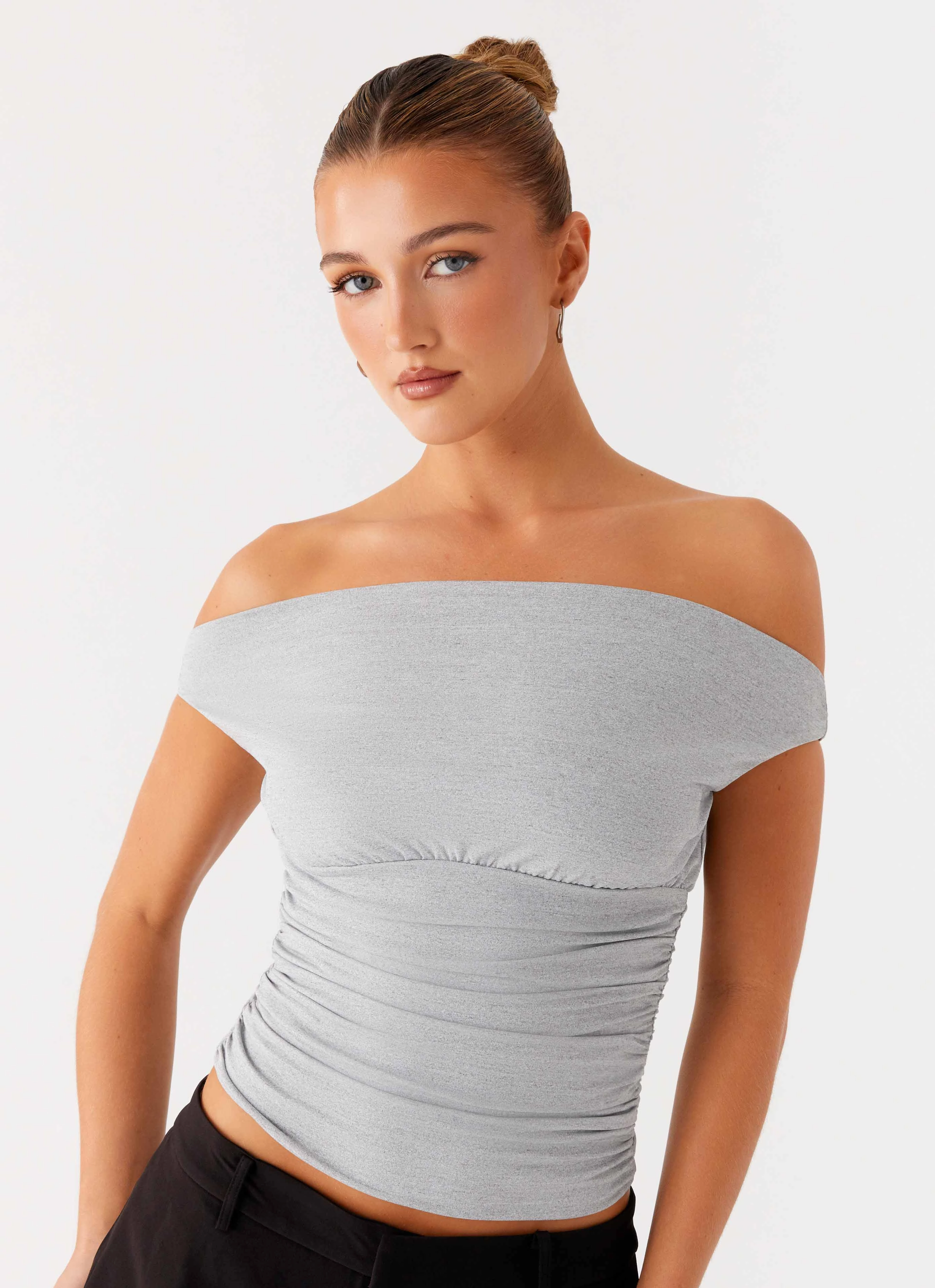 Reva Off Shoulder Top - Grey Compression Fit Engineering Durable Reinforced Elbows