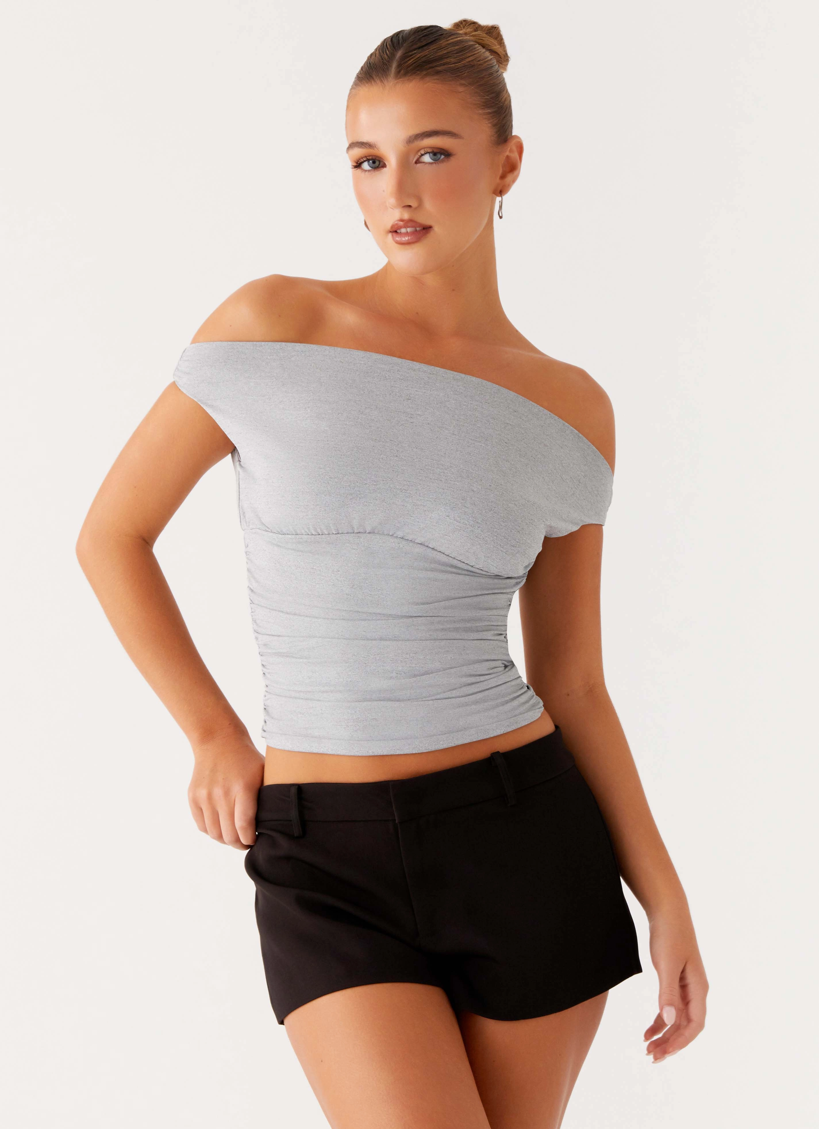 Reva Off Shoulder Top - Grey Breathable Construction FrenchTerry