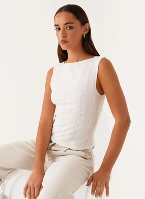 Subtle Texture Weave Sandi Tank Top - White Sandi Tank Top - White Stretch Knit Fabric Tagless Neckline Design