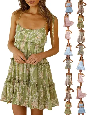 Summer Boho Mini Dresses for Women 2025 Casual Floral Short Chiffon Dress Pleated Flowy Tiered Ruffle Dress Sundresses