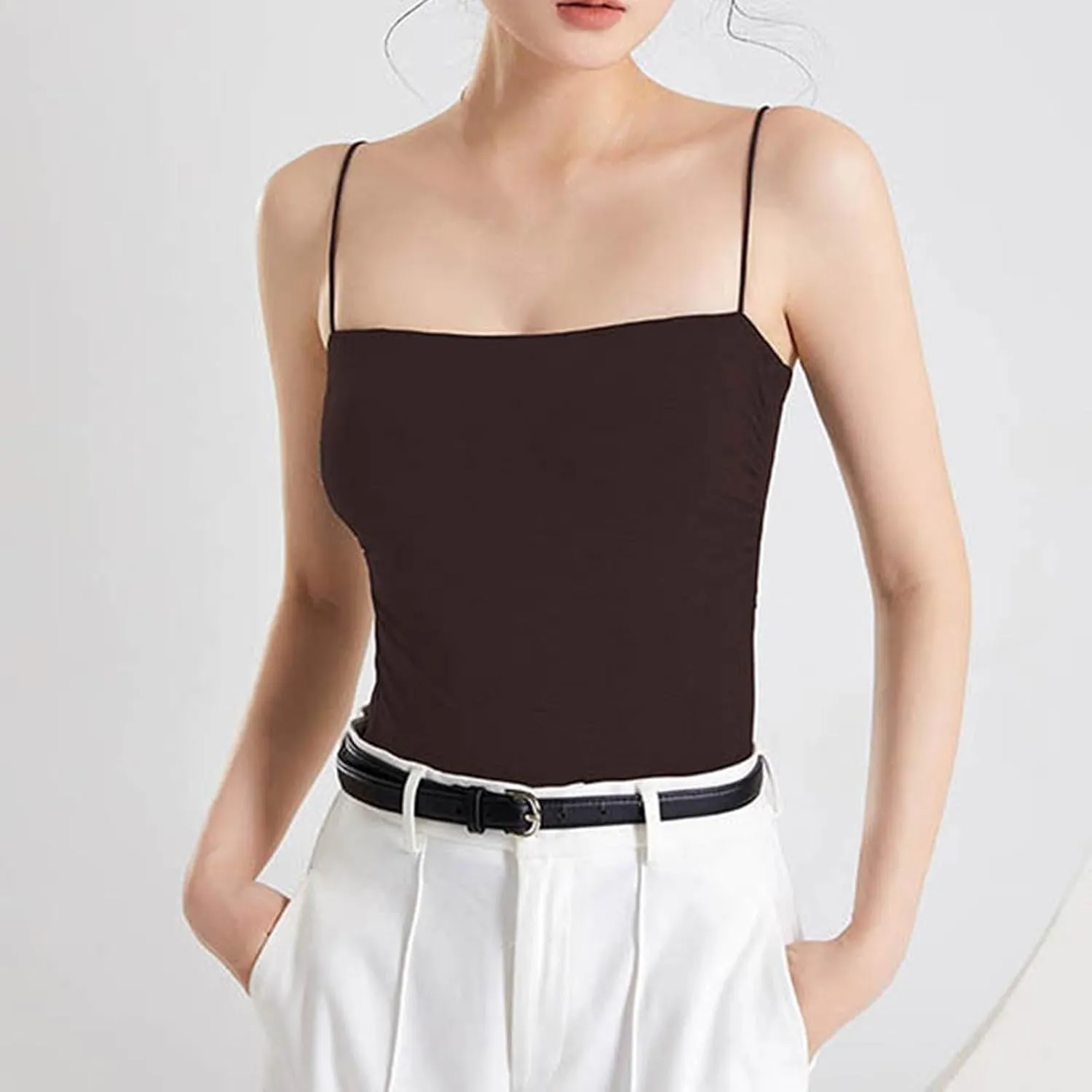 Summer Camisole for Women Built in Bra Spaghetti Straps Sleeveless Basic Tank Top Casual Trendy Sexy Yoga Cami Shirt