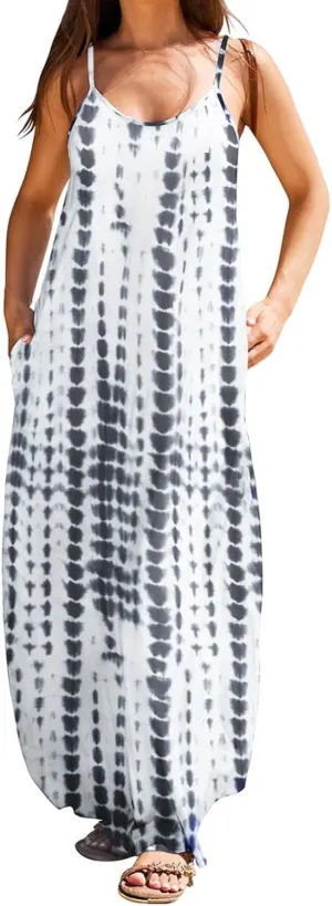 Summer Dresses for Women 2024 Casual Loose Spaghetti Strap Maxi Dress with Pockets Boho Vacation Sundress Sun Dress