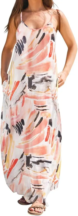 Summer Dresses for Women 2024 Casual Loose Spaghetti Strap Maxi Dress with Pockets Boho Vacation Sundress Sun Dress