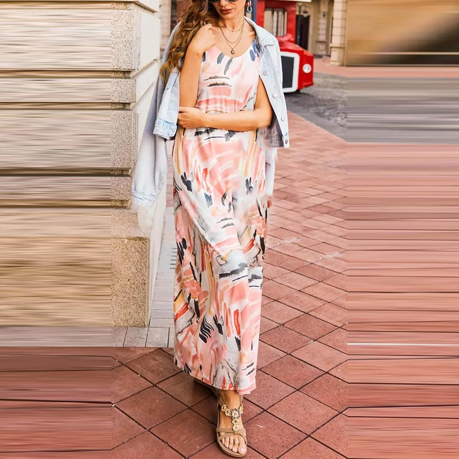 Summer Dresses for Women 2024 Casual Loose Spaghetti Strap Maxi Dress with Pockets Boho Vacation Sundress Sun Dress