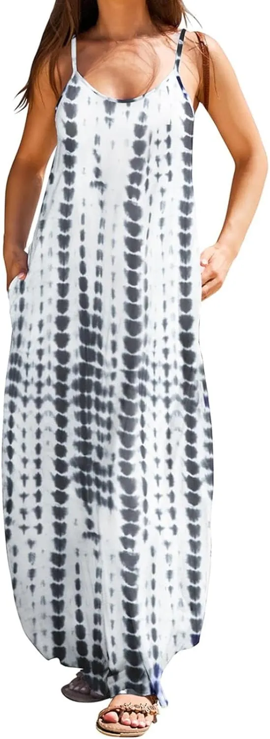 Summer Dresses for Women 2024 Casual Loose Spaghetti Strap Maxi Dress with Pockets Boho Vacation Sundress Sun Dress