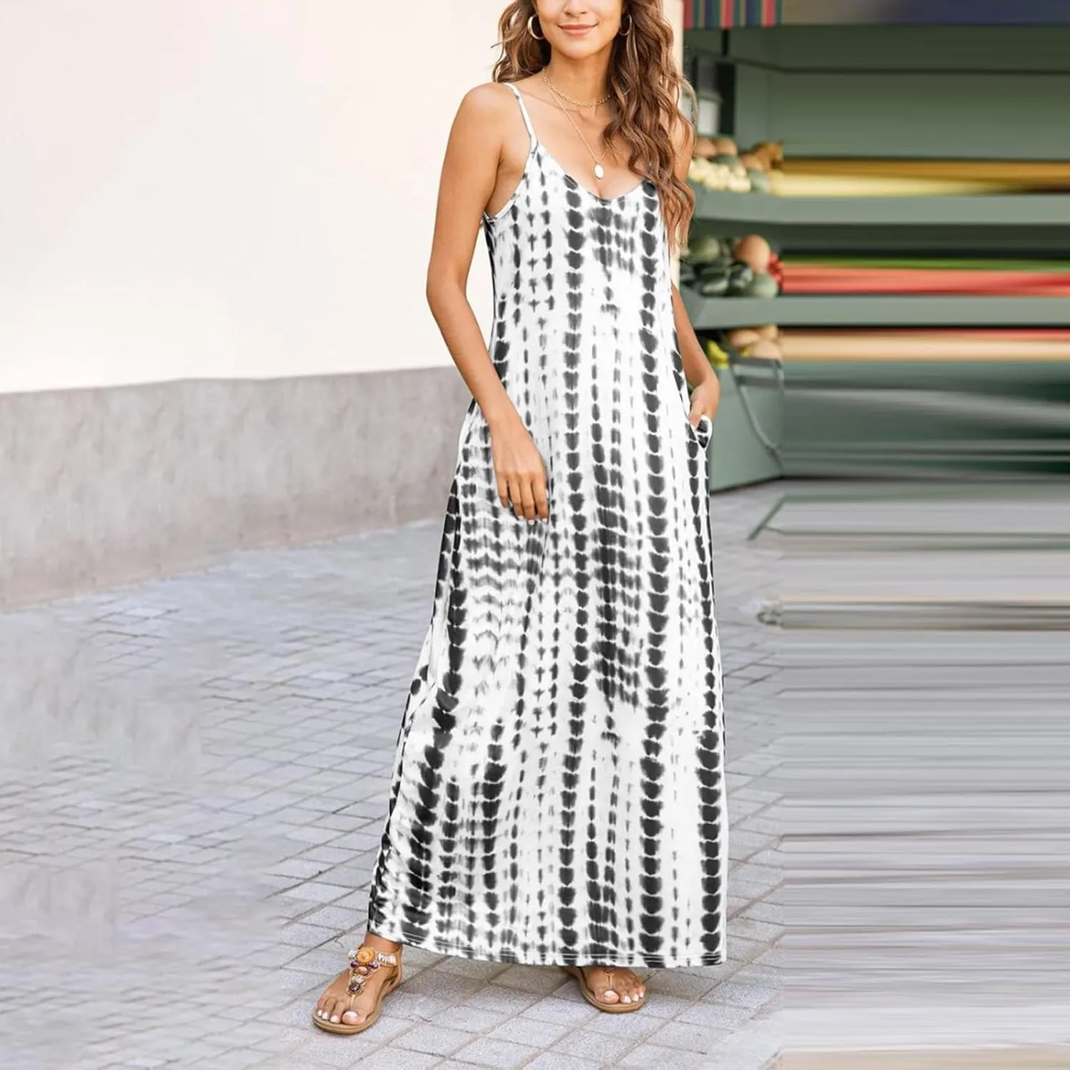 Summer Dresses for Women 2024 Casual Loose Spaghetti Strap Maxi Dress with Pockets Boho Vacation Sundress Sun Dress