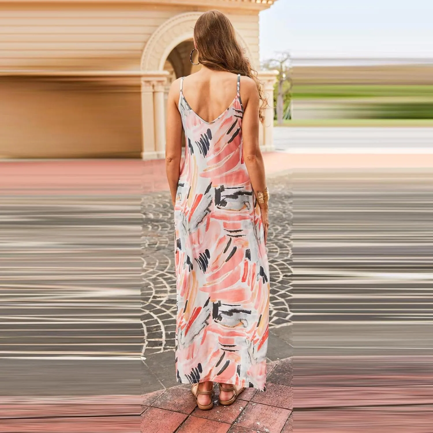 Summer Dresses for Women 2024 Casual Loose Spaghetti Strap Maxi Dress with Pockets Boho Vacation Sundress Sun Dress
