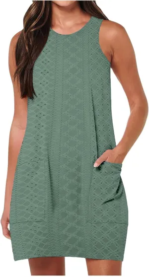 Summer Dresses for Women 2025 Eyelet Sleeveless Crewneck Tank Dress with Pocket Loose Fit Lightweight Dress