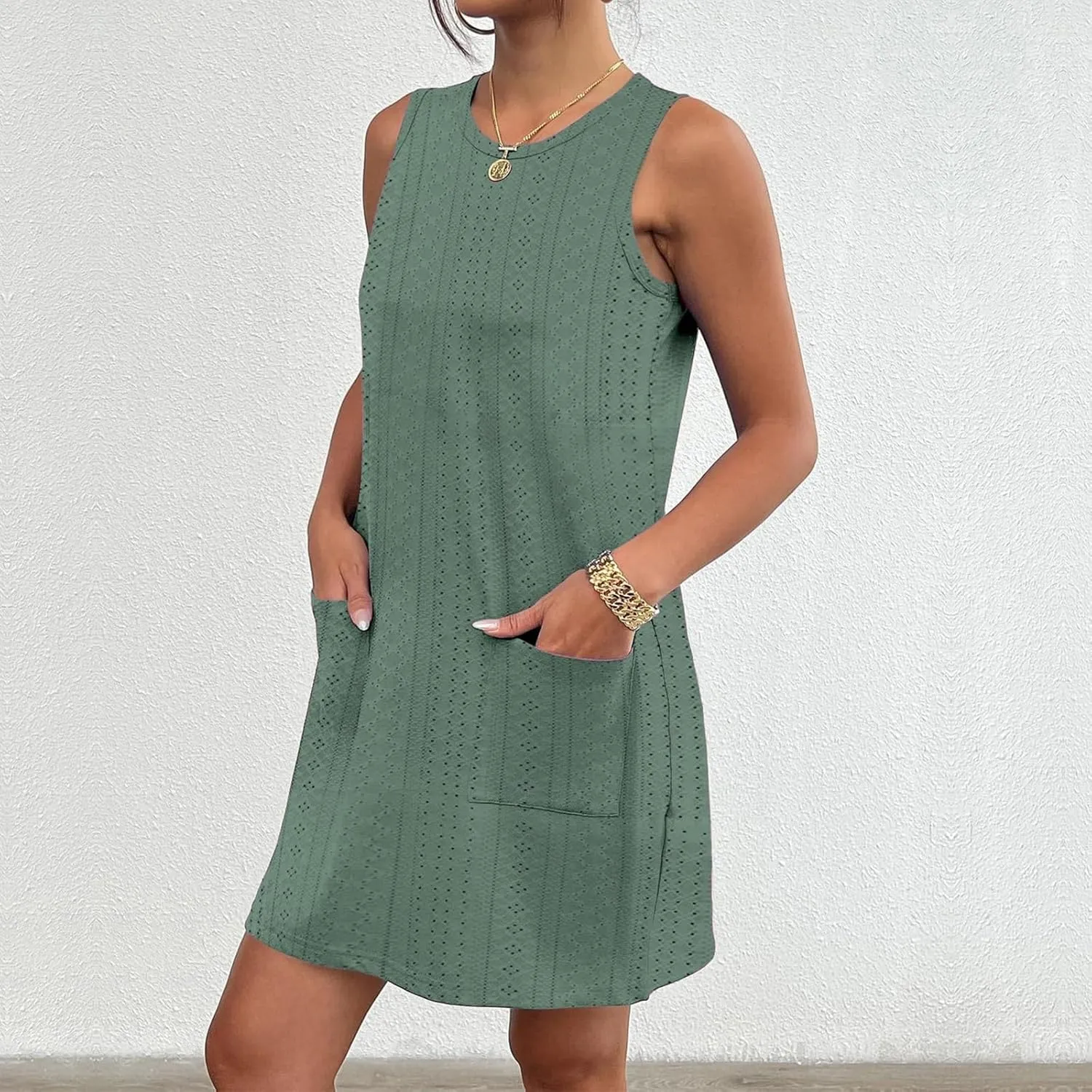 Summer Dresses for Women 2025 Eyelet Sleeveless Crewneck Tank Dress with Pocket Loose Fit Lightweight Dress
