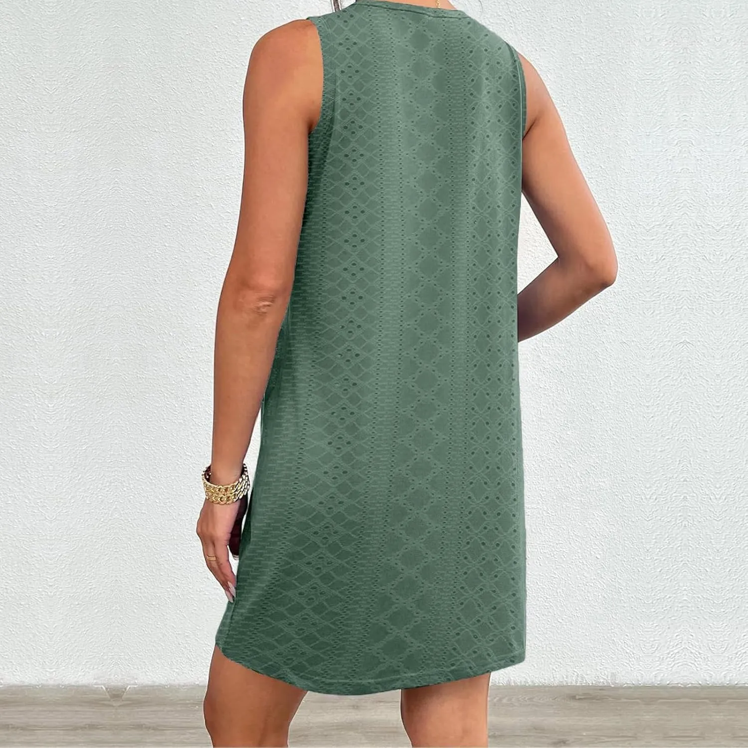 Summer Dresses for Women 2025 Eyelet Sleeveless Crewneck Tank Dress with Pocket Loose Fit Lightweight Dress