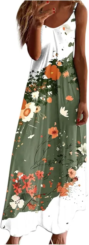 Summer Dresses for Women 2025 Vacation Floral Slip Dress Spaghetti Strap Flower Print Maxi Dresses Casual Sundress