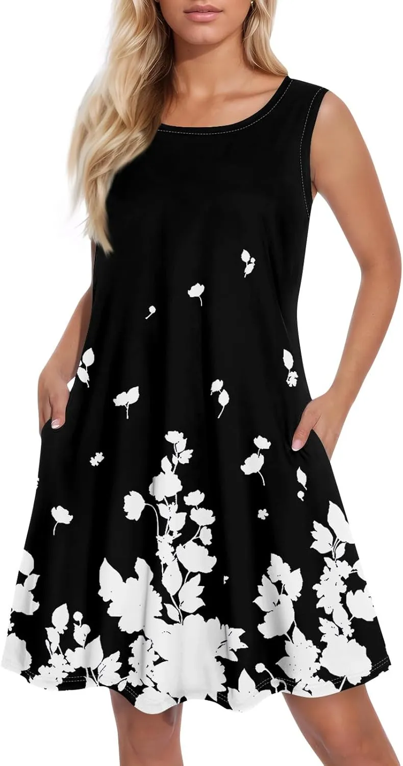 Summer Dresses for Women Casual Loose Crewneck Sleeveless Bohemian Floral Sundresses Flowy Beach Dress with Pockets