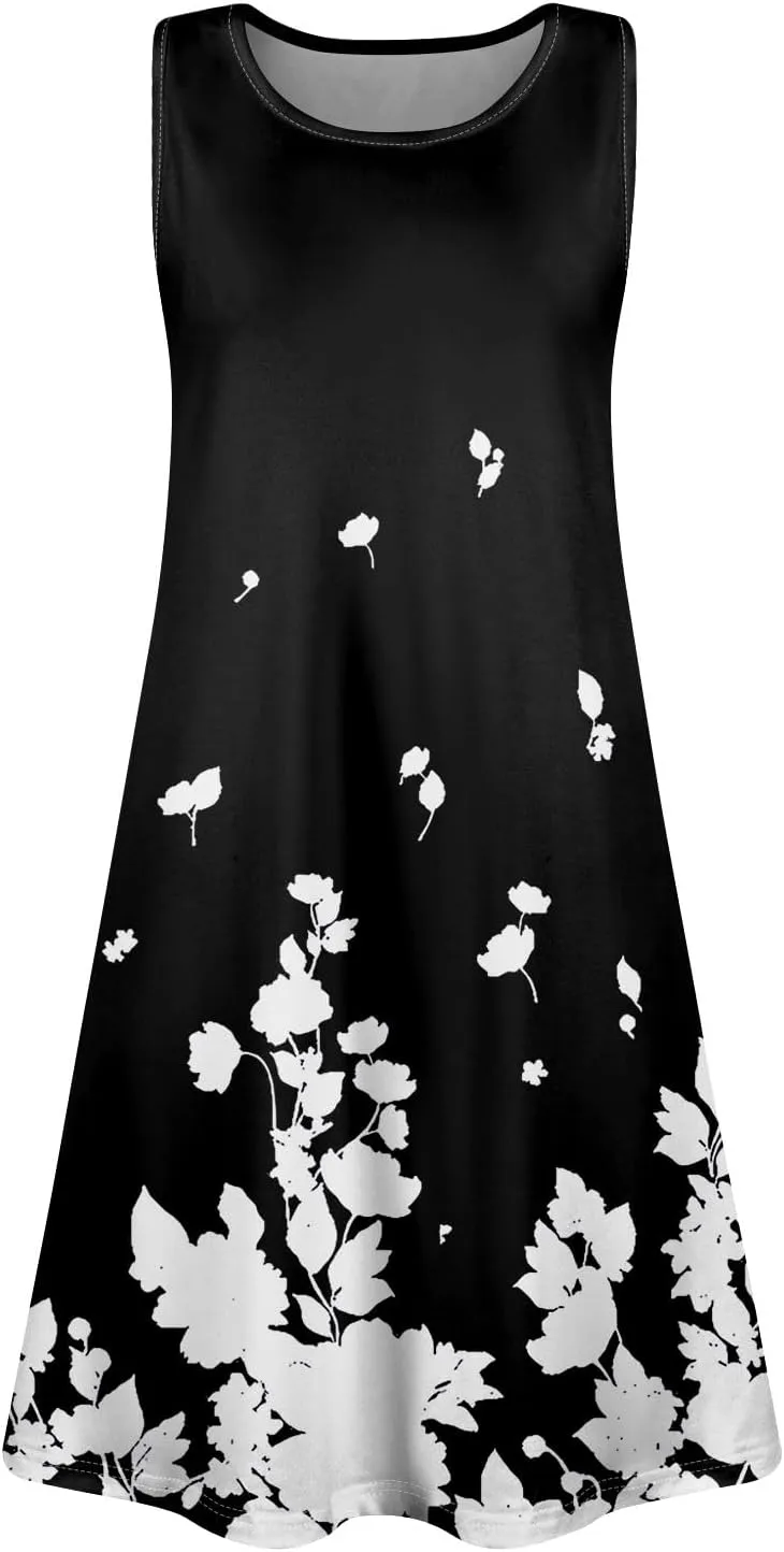 Summer Dresses for Women Casual Loose Crewneck Sleeveless Bohemian Floral Sundresses Flowy Beach Dress with Pockets