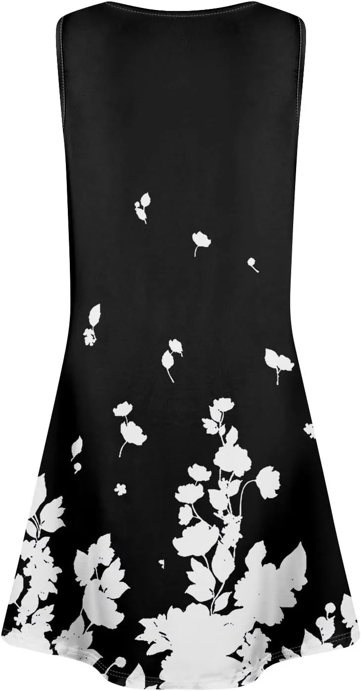 Summer Dresses for Women Casual Loose Crewneck Sleeveless Bohemian Floral Sundresses Flowy Beach Dress with Pockets