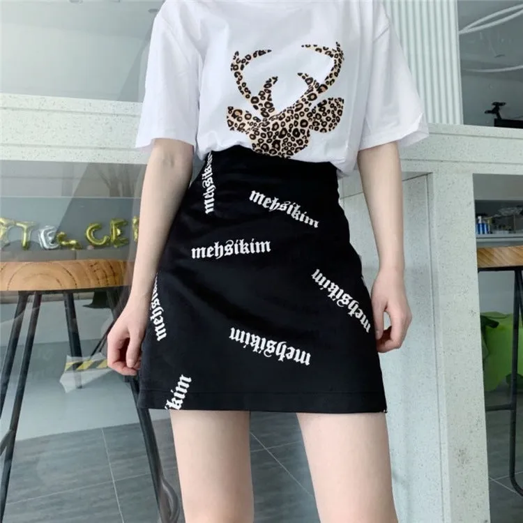 Summer Dye Alphabets Printed Mid-Length Women High Waist A-Line Short Skirt