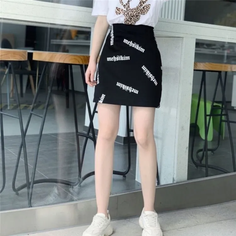 Summer Dye Alphabets Printed Mid-Length Women High Waist A-Line Short Skirt