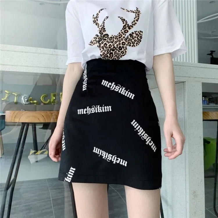 Summer Dye Alphabets Printed Mid-Length Women High Waist A-Line Short Skirt