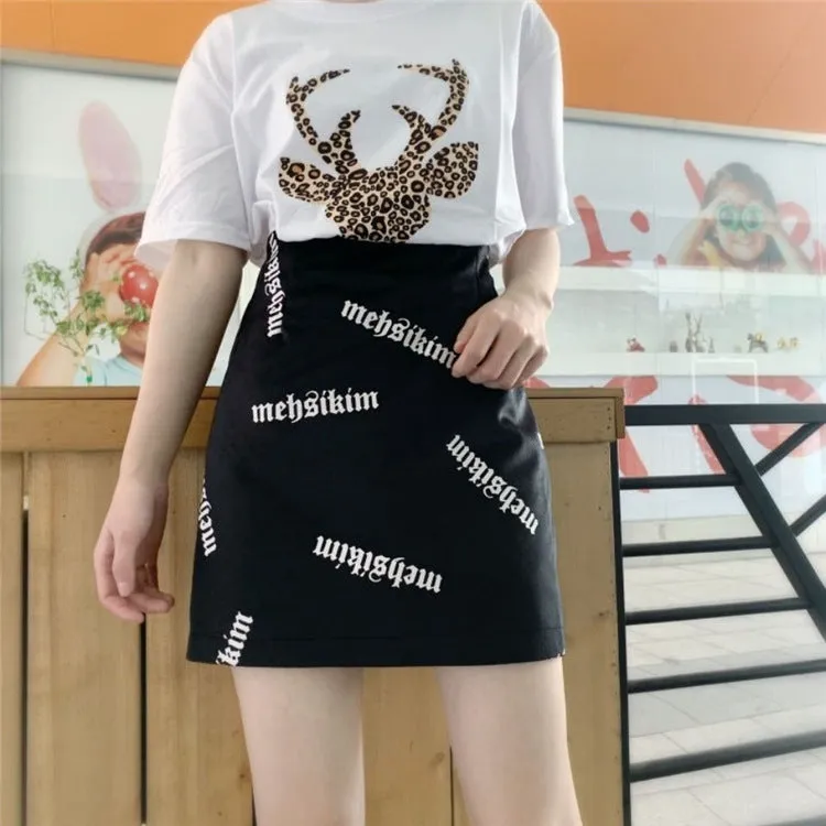 Summer Dye Alphabets Printed Mid-Length Women High Waist A-Line Short Skirt
