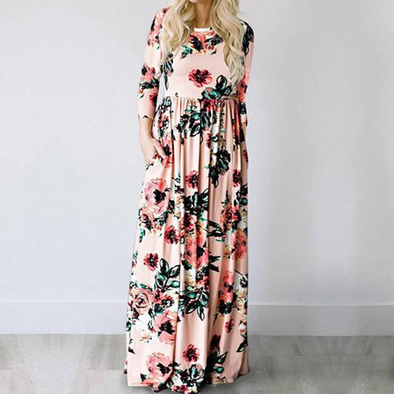 Summer Europe Three-Quarter Length Sleeves Flare Multicolor Pocket Printed Dress Pocket Dress