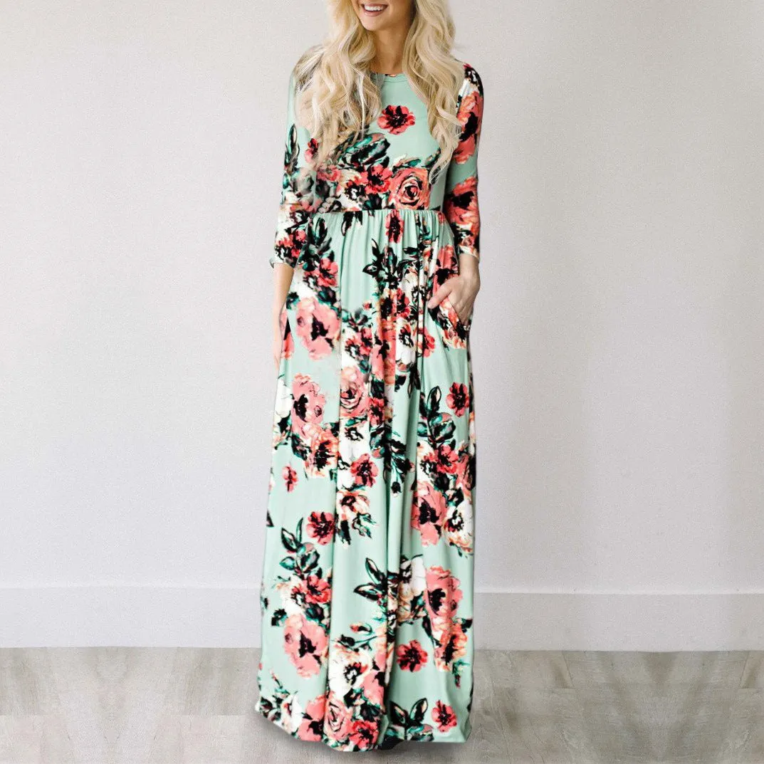 Summer Europe Three-Quarter Length Sleeves Flare Multicolor Pocket Printed Dress Pocket Dress