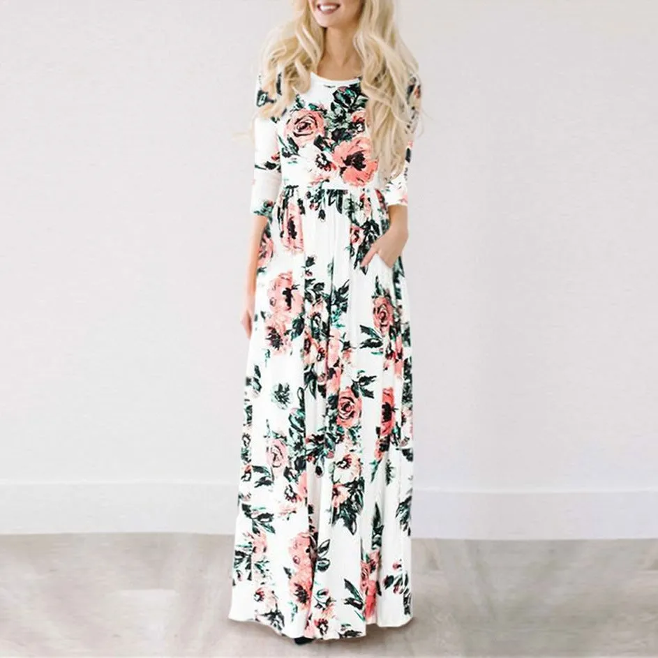 Summer Europe Three-Quarter Length Sleeves Flare Multicolor Pocket Printed Dress Pocket Dress