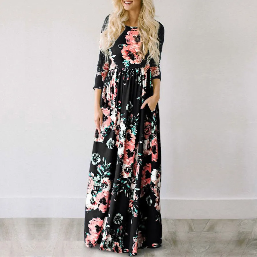 Summer Europe Three-Quarter Length Sleeves Flare Multicolor Pocket Printed Dress Pocket Dress