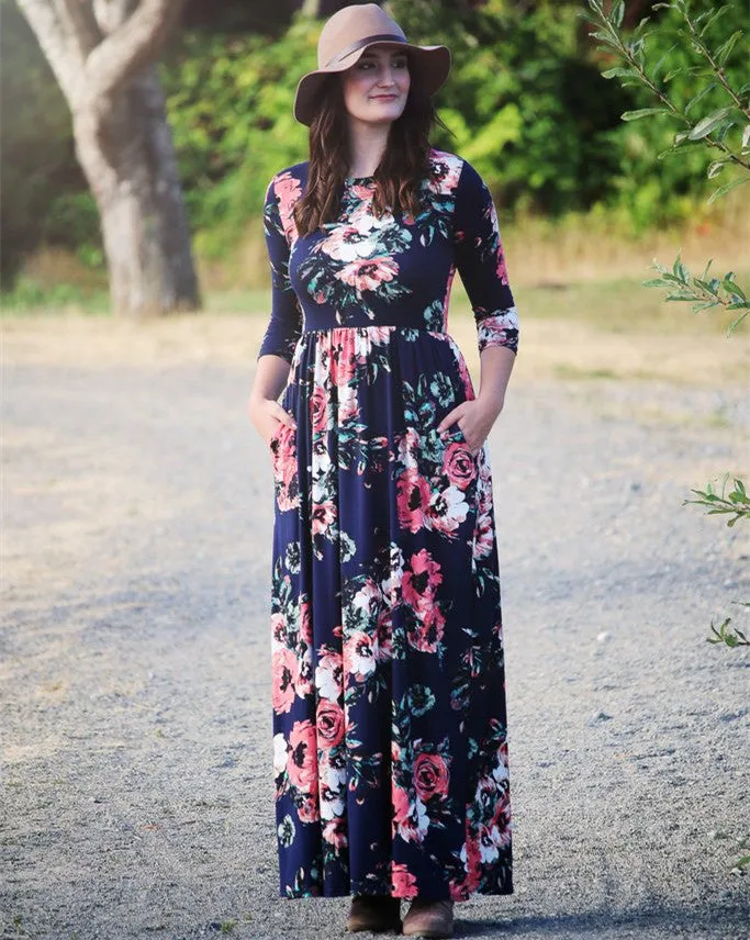 Summer Europe Three-Quarter Length Sleeves Flare Multicolor Pocket Printed Dress Pocket Dress