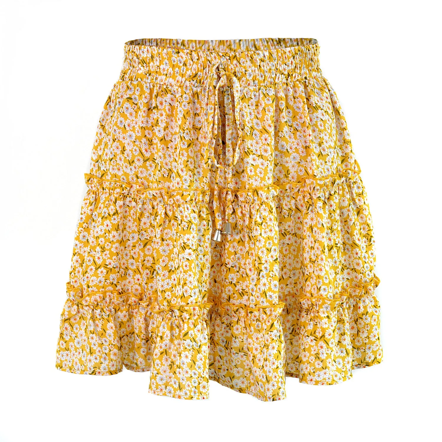 Summer Europe Women High Waist Ruffle Floral Skirt Printed Beach A-Line Skirt