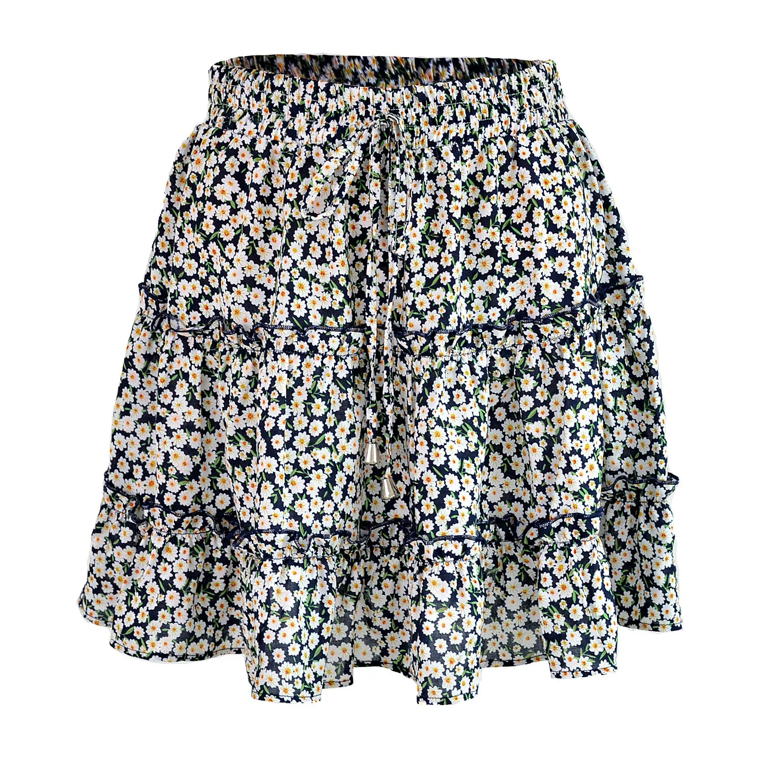 Summer Europe Women High Waist Ruffle Floral Skirt Printed Beach A-Line Skirt