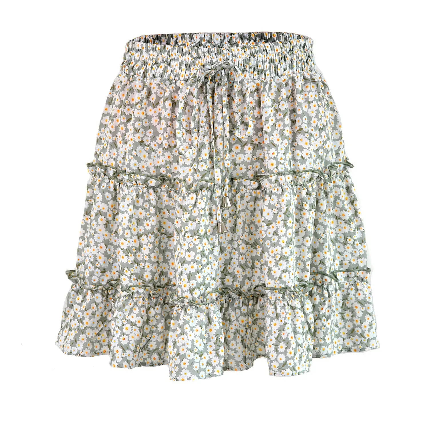 Summer Europe Women High Waist Ruffle Floral Skirt Printed Beach A-Line Skirt