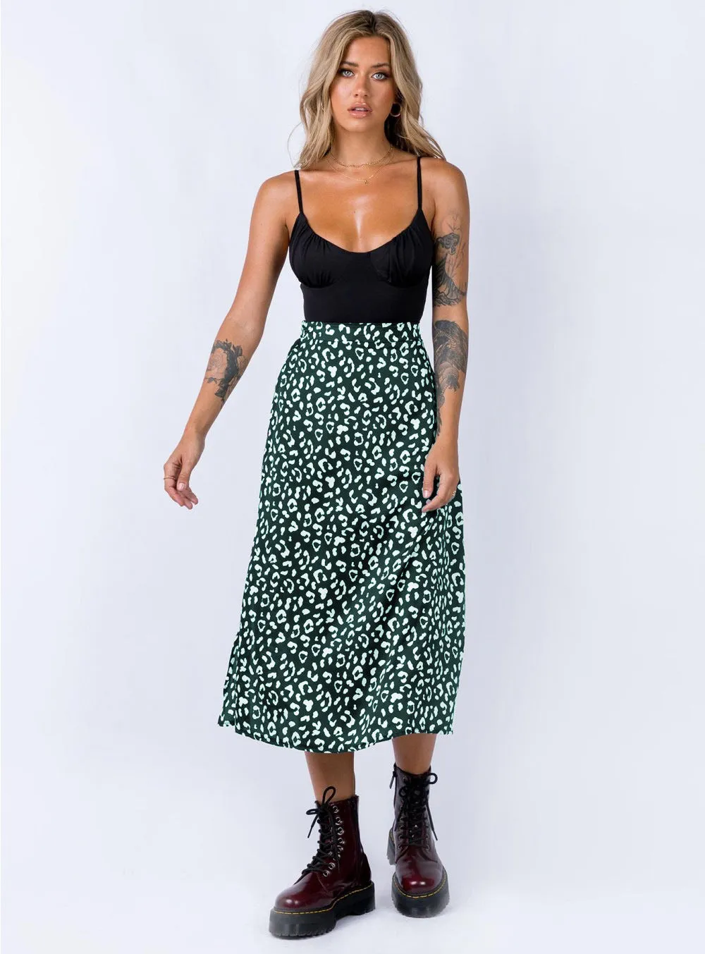 Summer Europe Women Leopard Stripes Printed High Waist Splitted Mid-Length Skirt A-Line Skirt