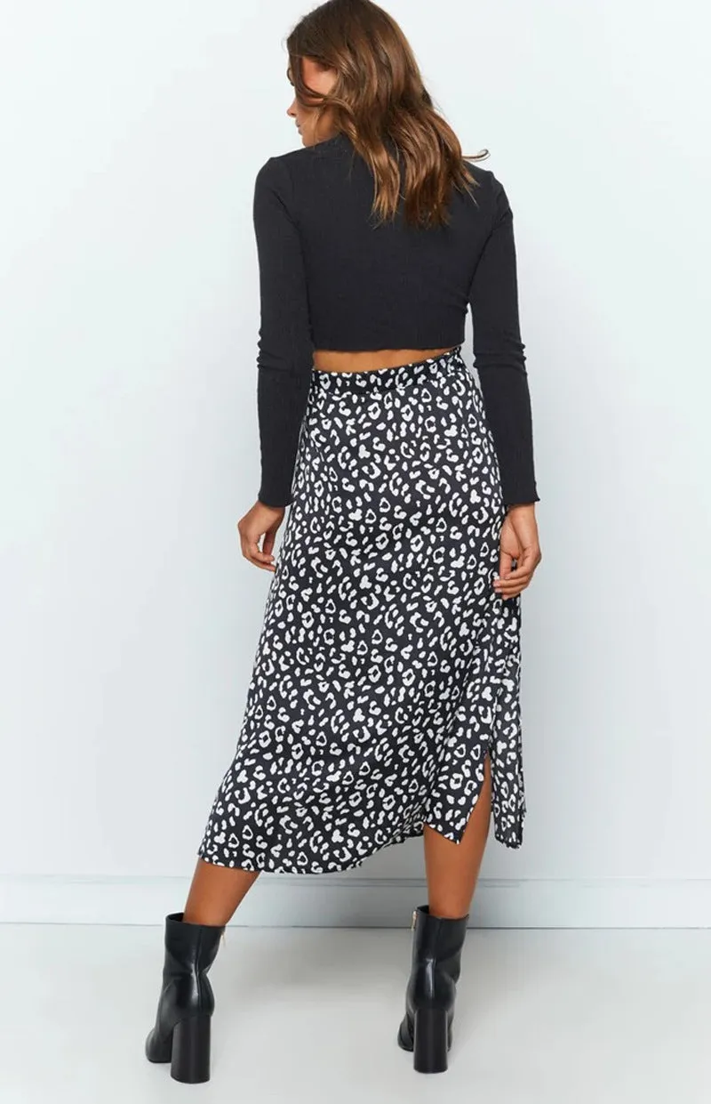 Summer Europe Women Leopard Stripes Printed High Waist Splitted Mid-Length Skirt A-Line Skirt