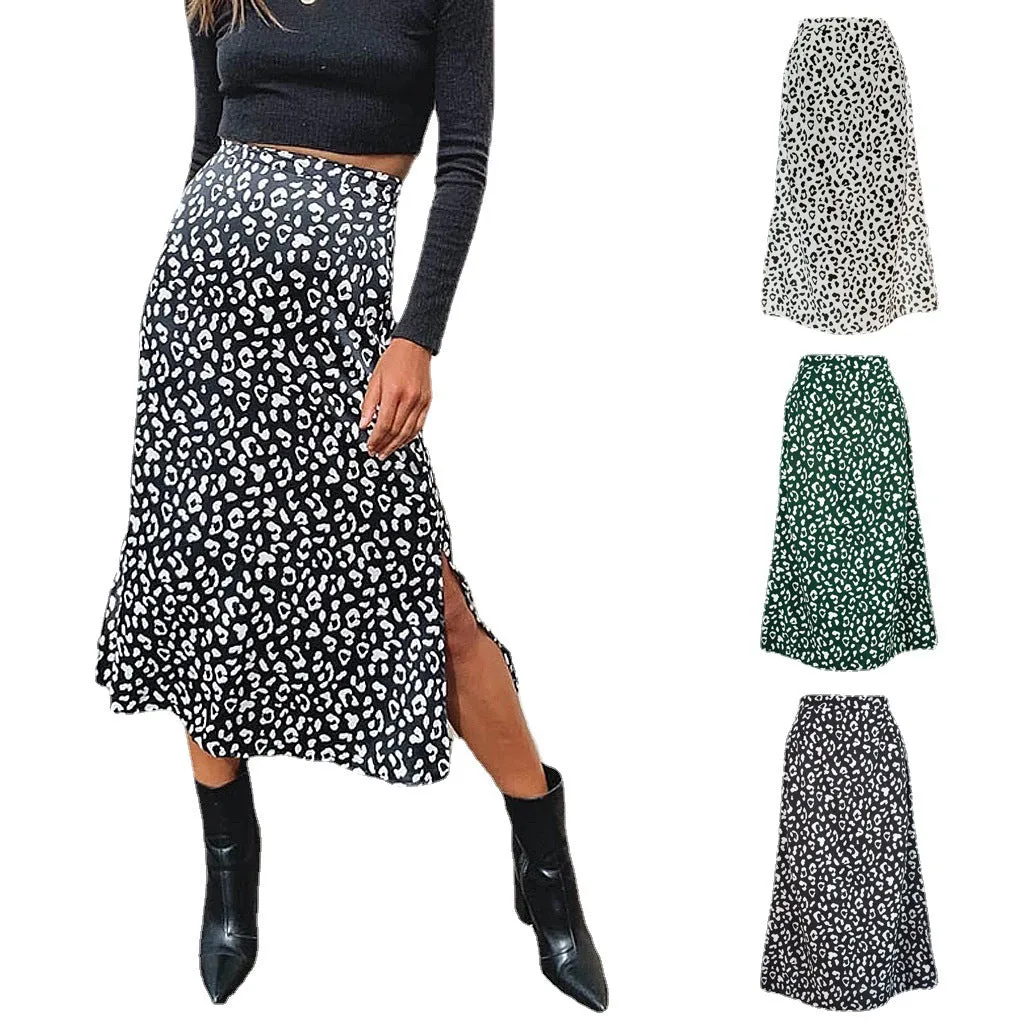 Summer Europe Women Leopard Stripes Printed High Waist Splitted Mid-Length Skirt A-Line Skirt