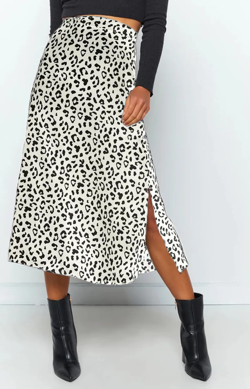 Summer Europe Women Leopard Stripes Printed High Waist Splitted Mid-Length Skirt A-Line Skirt