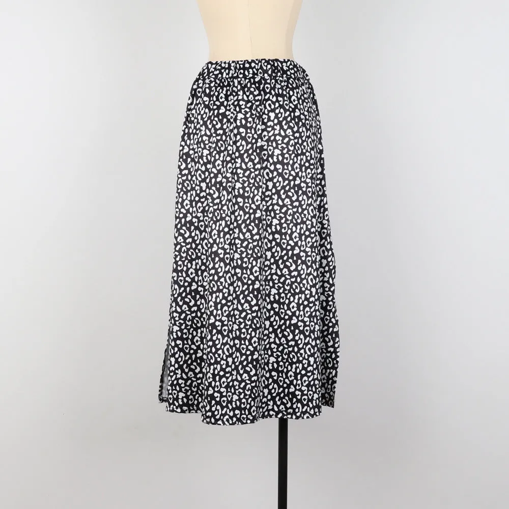 Summer Europe Women Leopard Stripes Printed High Waist Splitted Mid-Length Skirt A-Line Skirt