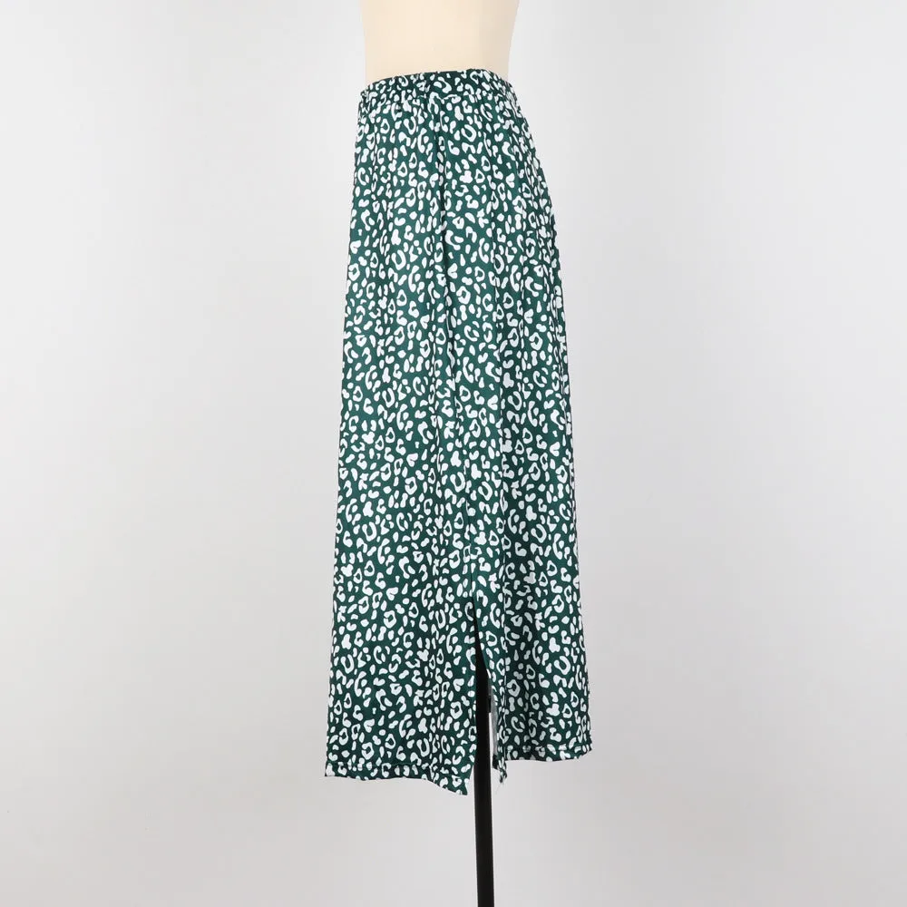Summer Europe Women Leopard Stripes Printed High Waist Splitted Mid-Length Skirt A-Line Skirt
