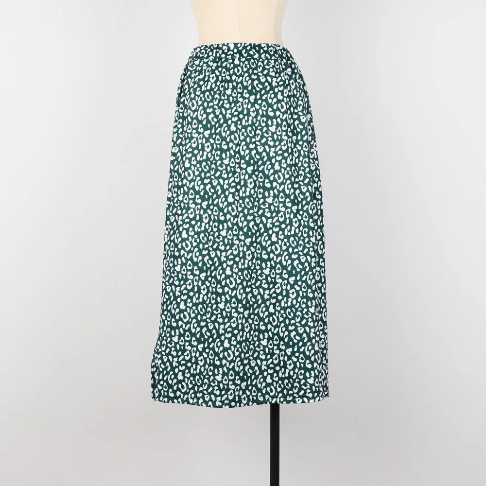 Summer Europe Women Leopard Stripes Printed High Waist Splitted Mid-Length Skirt A-Line Skirt