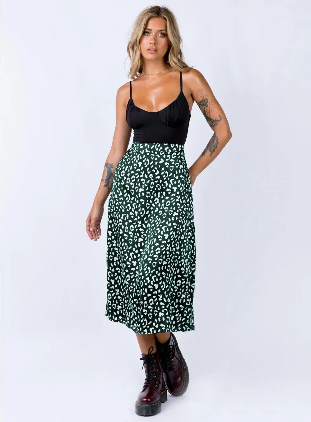 Summer Europe Women Leopard Stripes Printed High Waist Splitted Mid-Length Skirt A-Line Skirt