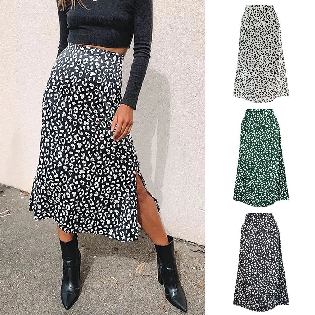 Summer Europe Women Leopard Stripes Printed High Waist Splitted Mid-Length Skirt A-Line Skirt
