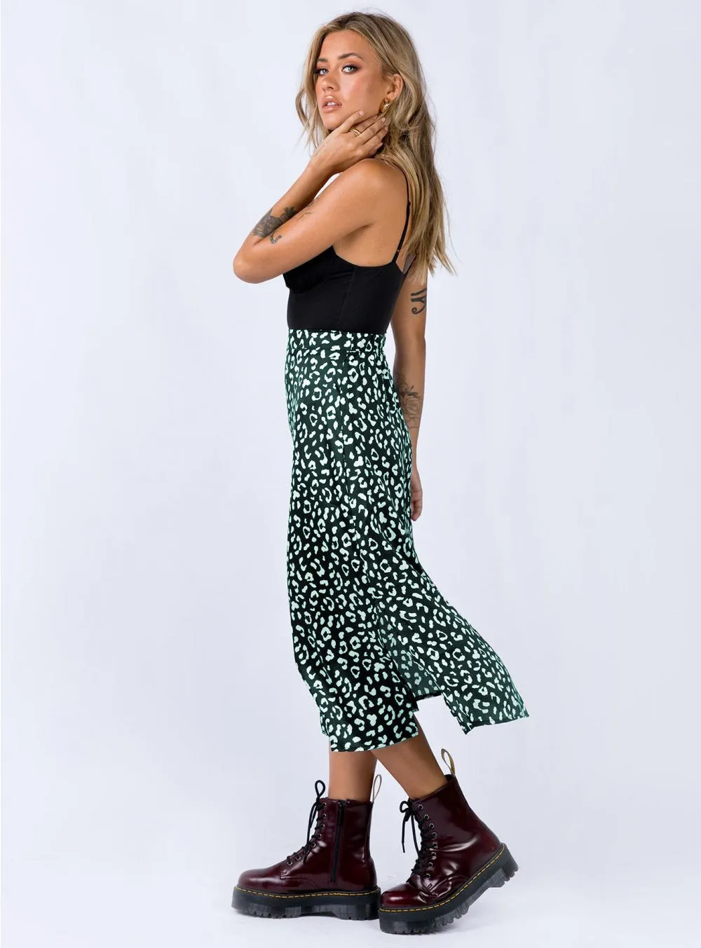 Summer Europe Women Leopard Stripes Printed High Waist Splitted Mid-Length Skirt A-Line Skirt