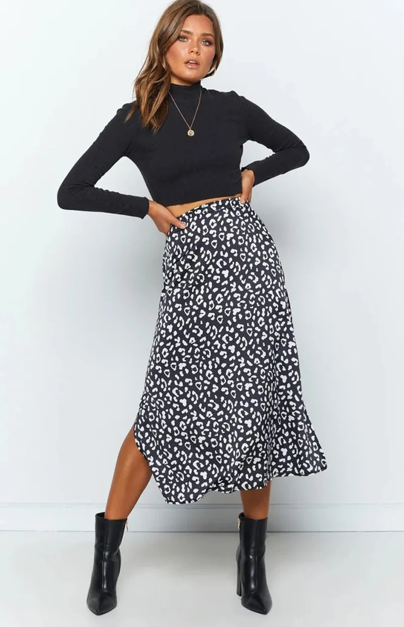 Summer Europe Women Leopard Stripes Printed High Waist Splitted Mid-Length Skirt A-Line Skirt