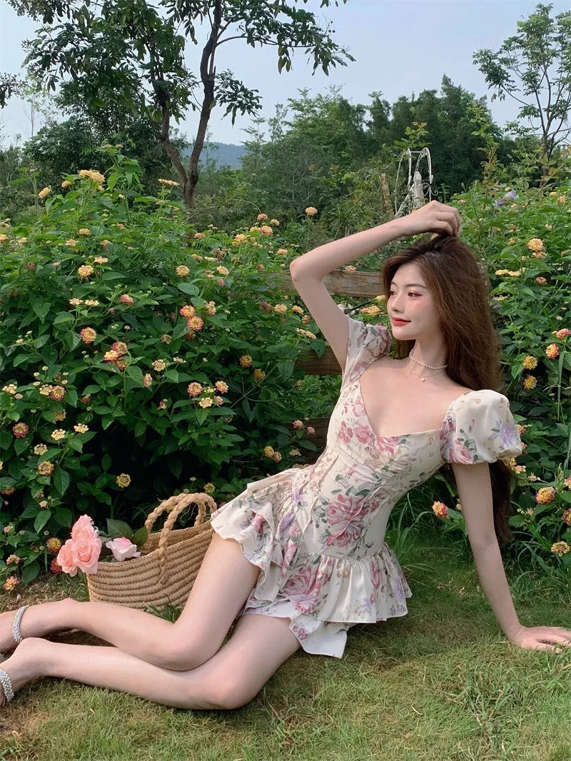 Summer French Romantic Floral Mini Romper Square Collar Flowers Printed Chiffon Tiered Playsuit Cute Kawaii Feminine Romper Fairy Dress