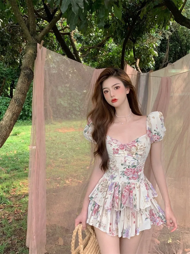 Summer French Romantic Floral Mini Romper Square Collar Flowers Printed Chiffon Tiered Playsuit Cute Kawaii Feminine Romper Fairy Dress