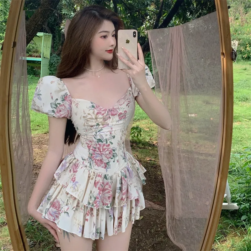 Summer French Romantic Floral Mini Romper Square Collar Flowers Printed Chiffon Tiered Playsuit Cute Kawaii Feminine Romper Fairy Dress
