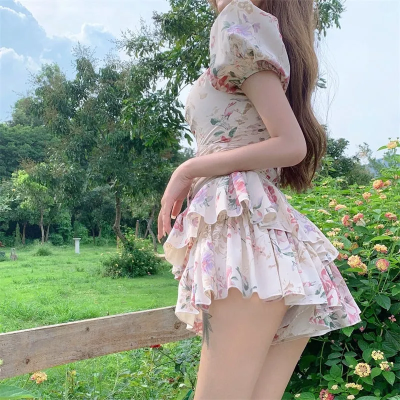 Summer French Romantic Floral Mini Romper Square Collar Flowers Printed Chiffon Tiered Playsuit Cute Kawaii Feminine Romper Fairy Dress