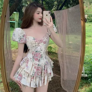 Summer French Romantic Floral Mini Romper Square Collar Flowers Printed Chiffon Tiered Playsuit Cute Kawaii Feminine Romper Fairy Dress